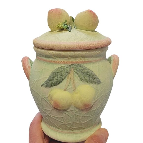 Set of 2 Crackle Ceramic Pastel Green Apricot Fruit Jars with Lids (EUC) - Picture 5 of 8